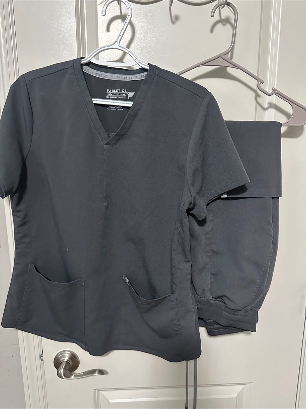 Fabletics Dark Charcoal V-Neck Scrub Top and Pants